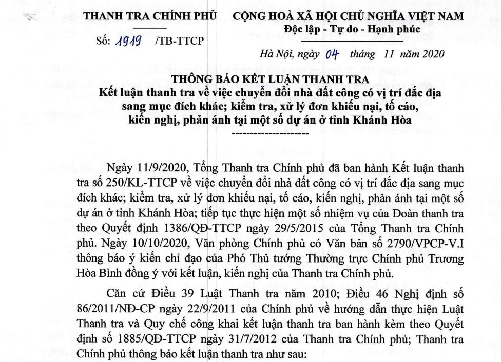 ết luận thanh tra về việc chuyển đổi nhà đất công có vị trí đắc địa sang mục đích khác tại một số dự án ở tỉnh Khánh Hoà.