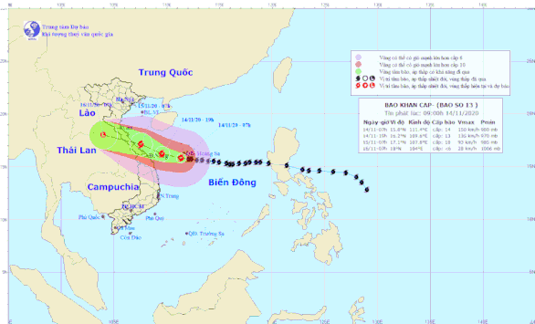 Vị trí và hướng di chuyển bão số 13 - Ảnh: Trung tâm dự báo khí tượng thủy văn quốc gia