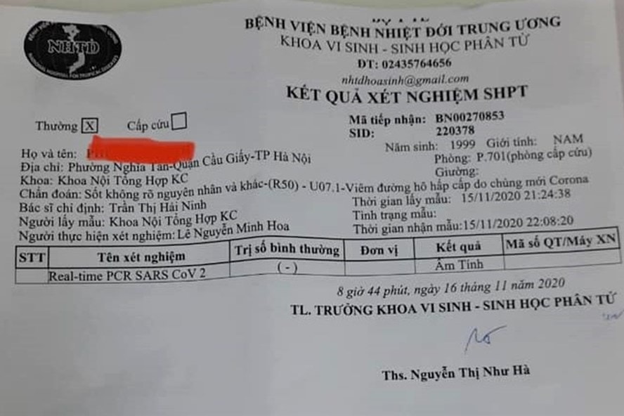 Kết quả xét nghiệm của bệnh nhân COVID-19 nghi tái nhiễm. Ảnh: Bộ Y tế cung cấp