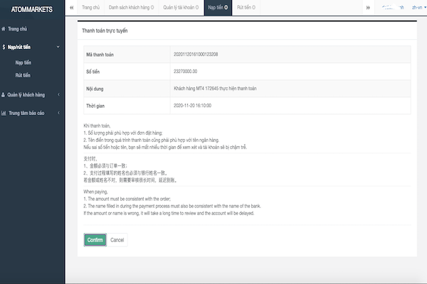 Các thông tin về nạp rút tiền khi giao dịch, trên website hỗ trợ 3 ngôn ngữ bao gồm tiếng Việt, tiếng Trung và tiếng Anh