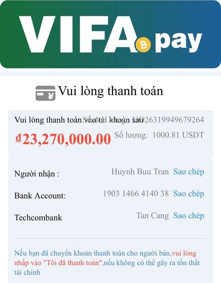 Nhà đầu tư được hướng dẫn chuyển tiền đến số tài khoản 19031466414038 tại ngân hàng Techcombank chi nhánh Tân Cảng do cá nhân mang tên Huỳnh Bửu Trân là chủ sở hữu