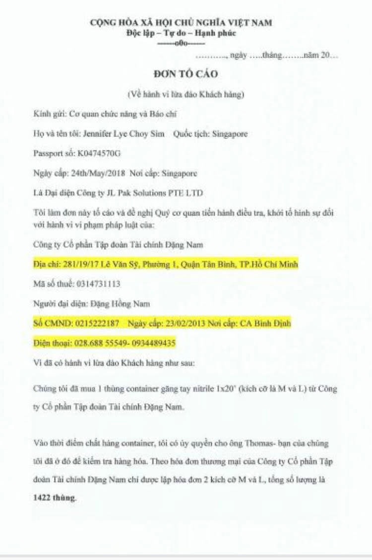Đơn tố cáo của bà Jennifer Lye Choy Sim, Giám đốc Công ty JL Pak Solutions Pte Ltd (Singapore)