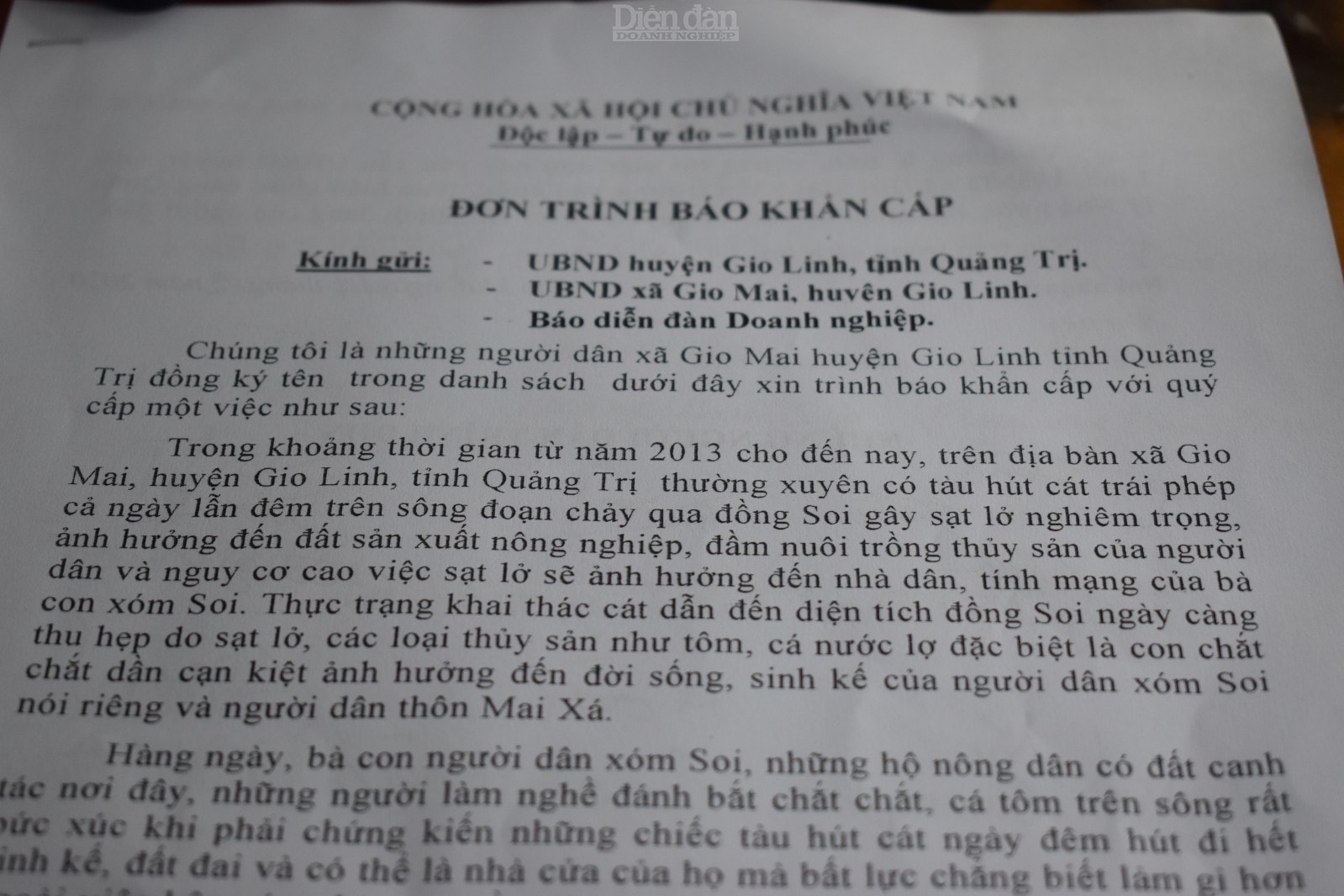 Đơn trình báo khẩn cấp của 21 hộ dân Gio Mai, Gio Linh, Quảng Trị