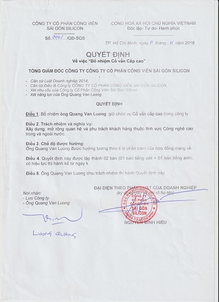 Quyết định Bổ nhiệm ông Lương Văn Quang làm Cố vấn Cấp cao của Saigon Silicon City.