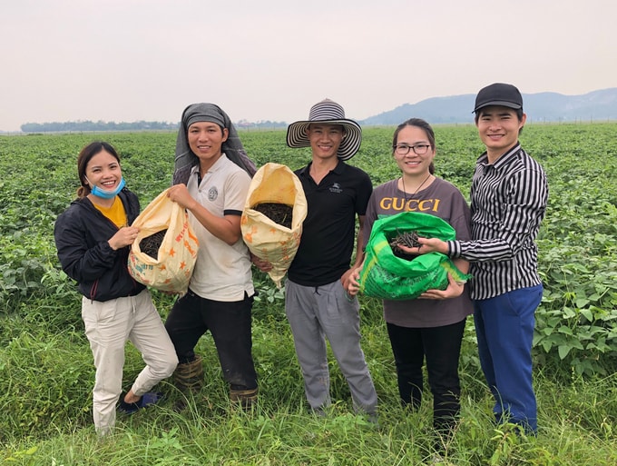 Liên (ngoài cùng bên trái) và Long (áo đen giữa) với những người cùng chí hướng trên cánh đồng đậu. Ảnh: Nhân vật cung cấp.