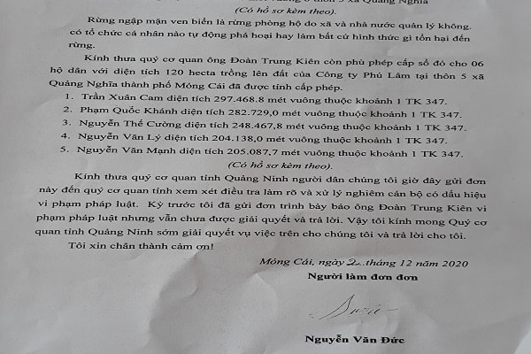 Đơn tố cáo sai phạm của ông Phó phòng TNMT thành phố Móng Cái. Ảnh Lê cường