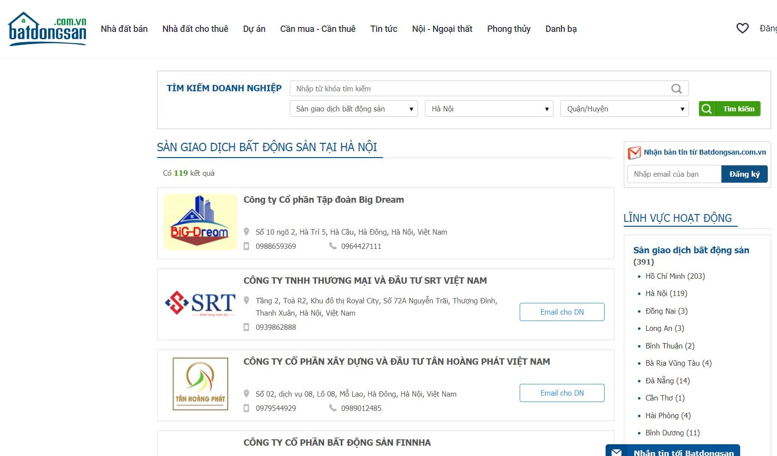 Thôn tin các Sàn BĐS tại Hà Nội. Nguồn: Website: batdongsan.com.vn
