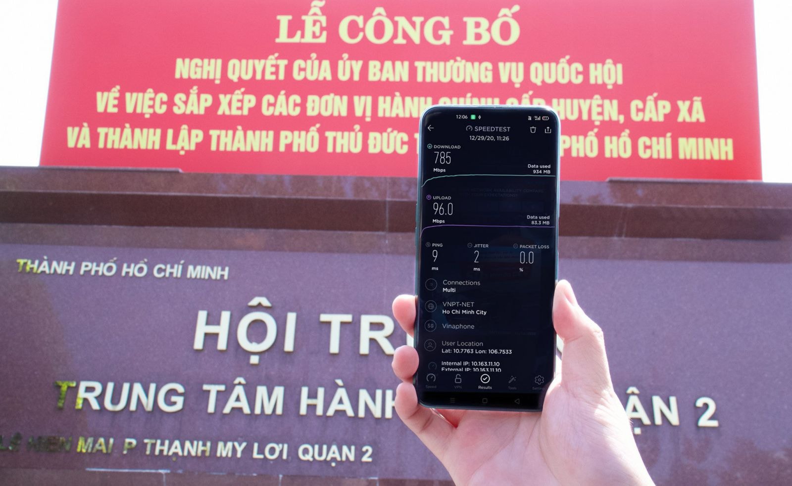 Tốc độ sóng VinaPhone 5G đo được vào lúc 12h trưa ngày 29-12-2020 tại Thành phố Thủ Đức