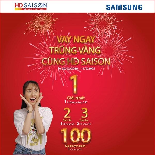 Khi vay trả góp các sản phẩm Samsung tại các điểm giới thiệu dịch vụ của HD SAISON, khách hàng sẽ được tham gia chương trình khuyến mại với nhiều giải thưởng giá trị