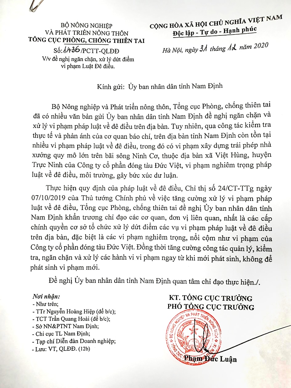  Tổng cục phòng, chống thiên tai đã có công văn đề nghị tỉnh Nam Định phải xử lý dứt điểm vi phạm của Công ty CP đóng tàu Đức Việt.