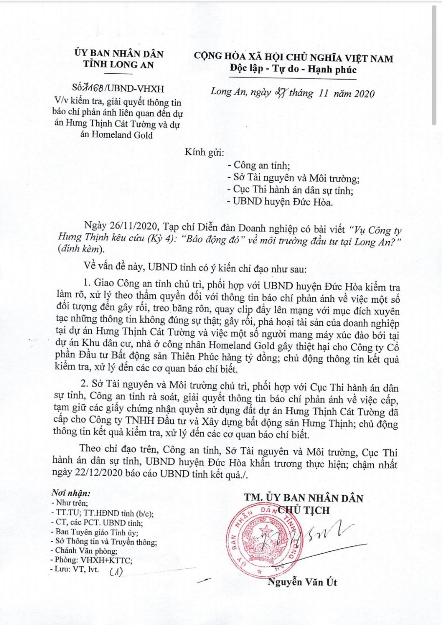 ngày 27/11/2020, UBND tỉnh Long An, đã ra văn bản số 7168/UBND-VHXH, chỉ đạo Công an tỉnh, Sở TNMT, Cục thi hành án dân sự tỉnh Long An, UBND huyện Đức Hoà, kiểm tra, giải quyết thông tin báo chí phản ánh liên quan 