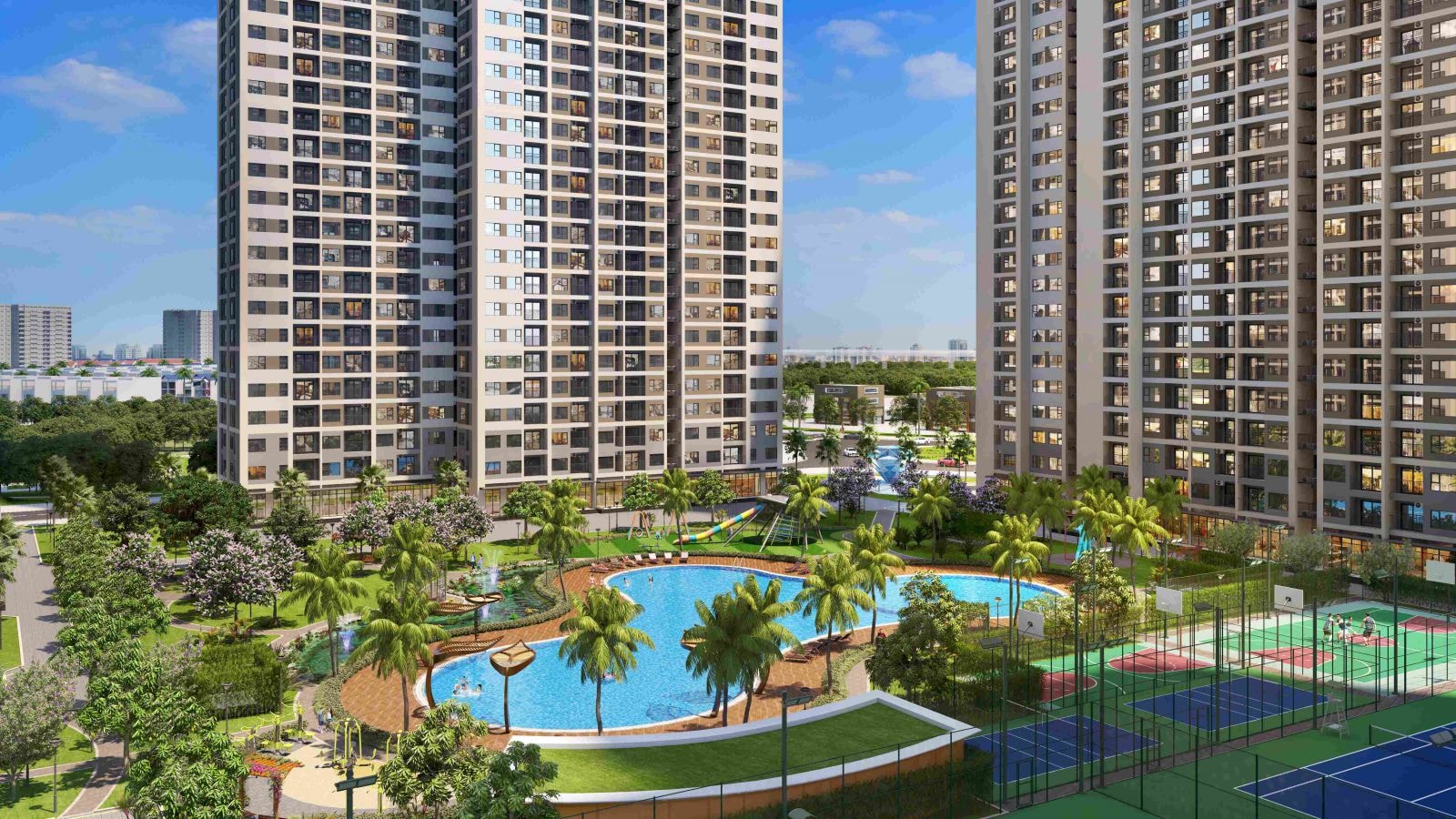 Bể bơi phong cách resort hơn 1000m2 bao quanh bởi hồ cảnh quan và màu xanh của các sân thể thao, thảm cỏ, cây xanh trong nội khu mang không gian thư giãn như resort cho cư dân