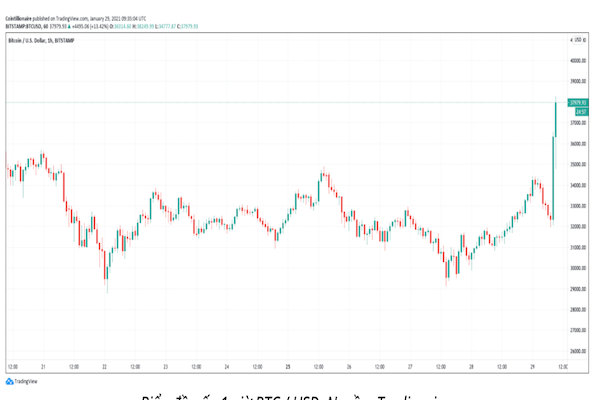 Biểu đồ nến Bitcoin sau 1 giờ Elon Musk thay đổi thông tin trên Twitter (Nguồn: Trading View)