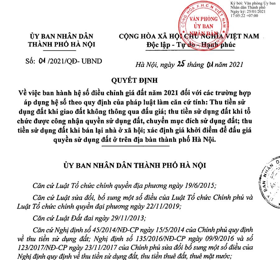 Hệ số K năm 2021 của Hà Nội có hiệu lực từ ngày 5/2/2021.