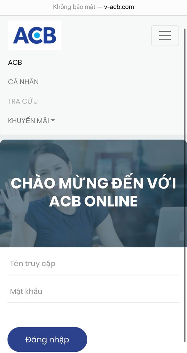 Trang chủ giả mạo ngân hàng ACB.