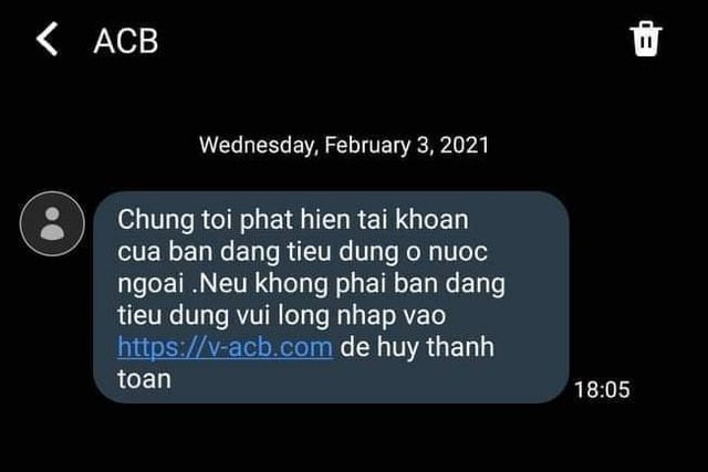 Nội dung tin nhắn lừa đảo được gửi tới khách hàng với SMS Brandname của ngân hàng ACB