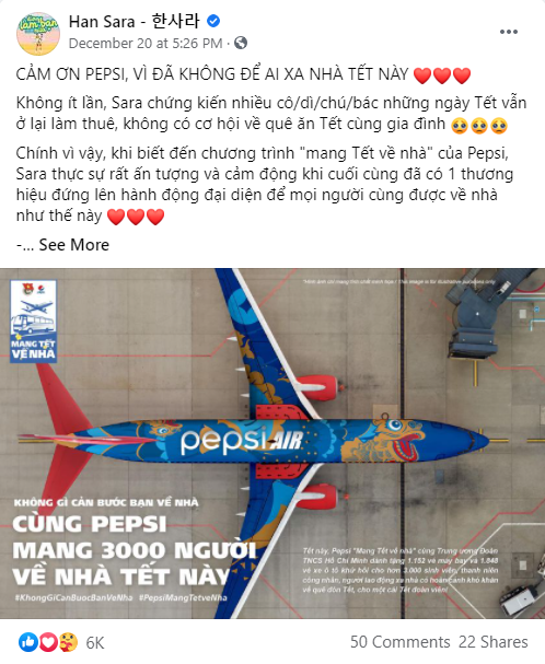 Thông tin về những hành trình “Mang Tết về nhà” của Pepsi nhận được sự chia sẻ của hơn 50 nghệ sĩ Việt.