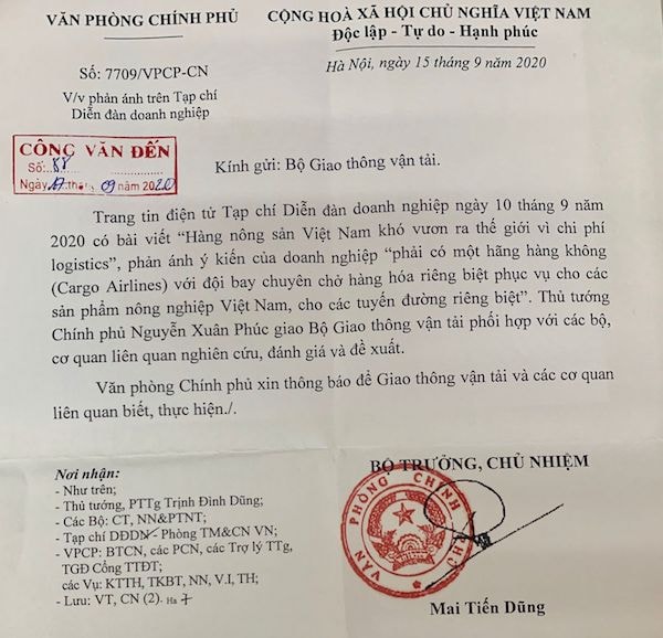 công văn số 7709/VPCP-CN truyền đạt ý kiến của Thủ tướng Chính phủ Nguyễn Xuân Phúc yêu cầu Bộ GTVT phối hợp với các Bộ ngành liên quan nghiên cứu phản ánh của Diễn đàn Doanh nghiệp.