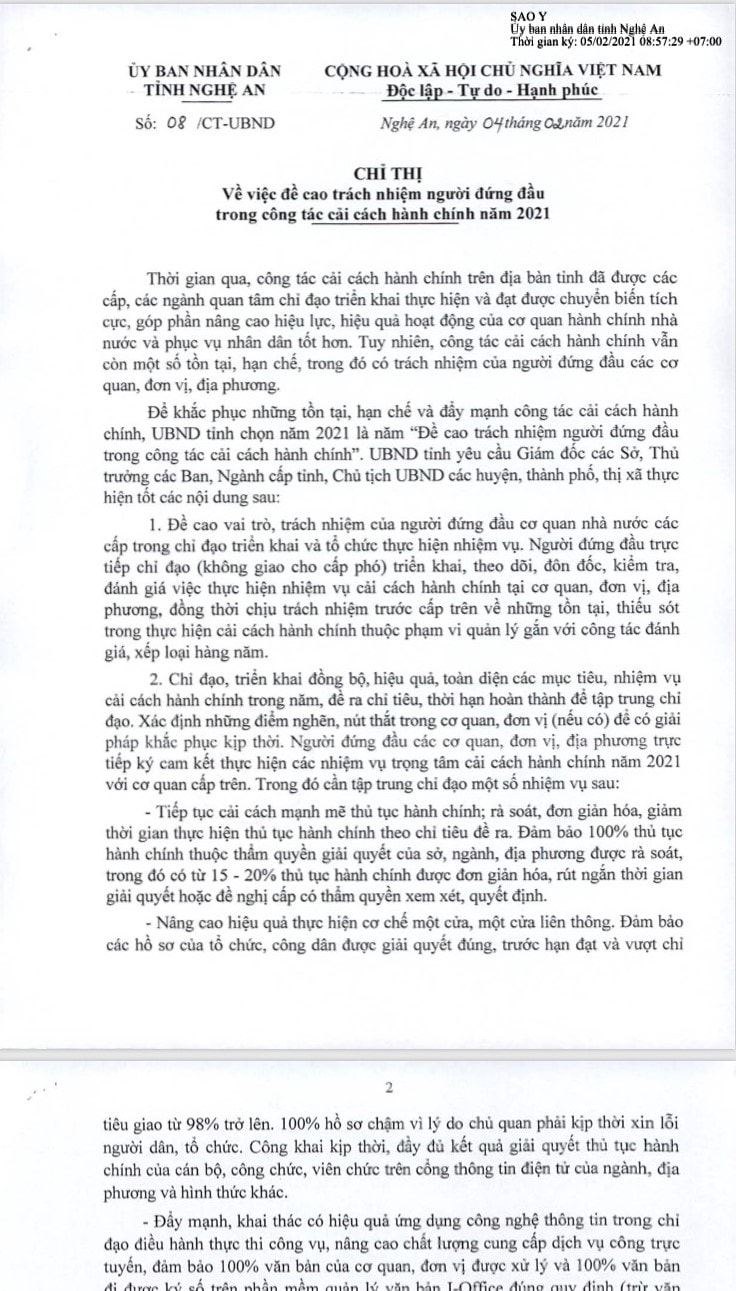 Chủ tịch UBND tỉnh Nghệ An ký, ban hành Chỉ thị 08 giao trách nhiệm cho người đứng đầu trong năm cải cách hành chính 2021