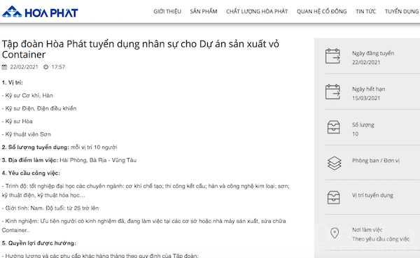 Thông tin tuyển dụng nhân sự cho dự án sản xuất container của Tập đoàn Hoà Phát.