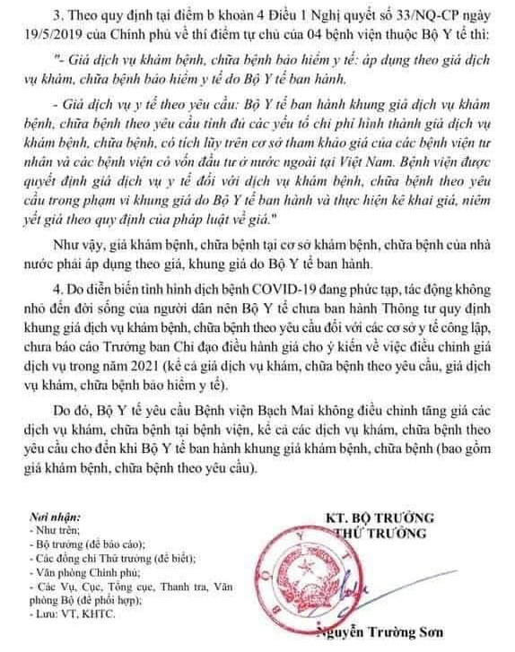 Văn bản của Bộ Y tế yêu cầu Bệnh viện Bạch Mai không được tăng giá khám chữa bệnh.