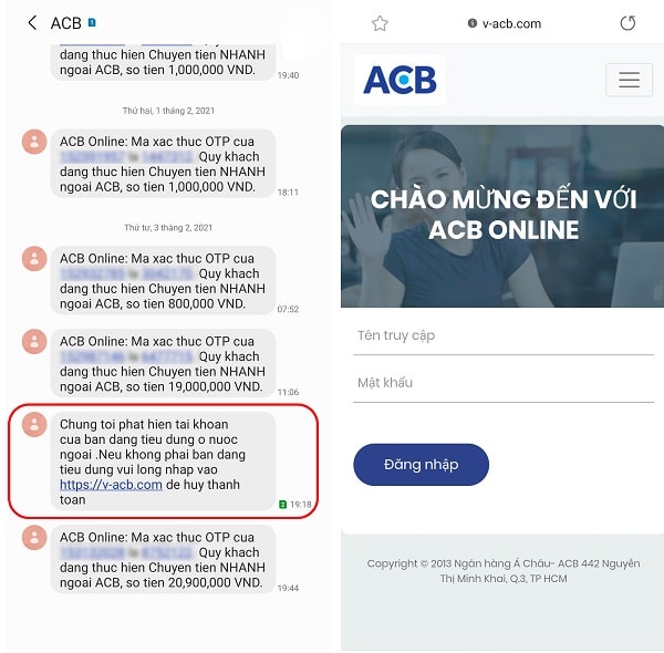 Nếu hộp thư thoại của bạn xuất hiện tin nhắn chung luồng Tin nhắn xuất hiện chung luồng với tin nhắn của ngân hàng, nhưng dẫn tới đường link lừa đảo (bên phải)