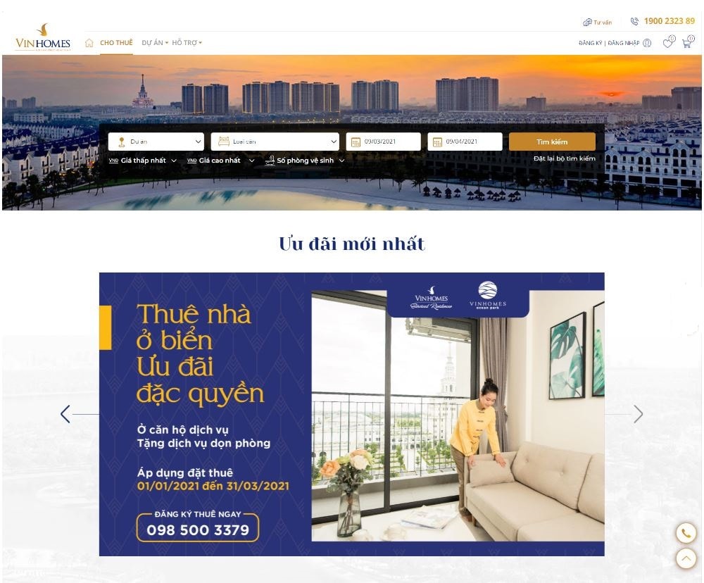 Giao diện trang thương mại điện tử cho thuê https://stay.vinhomes.vn