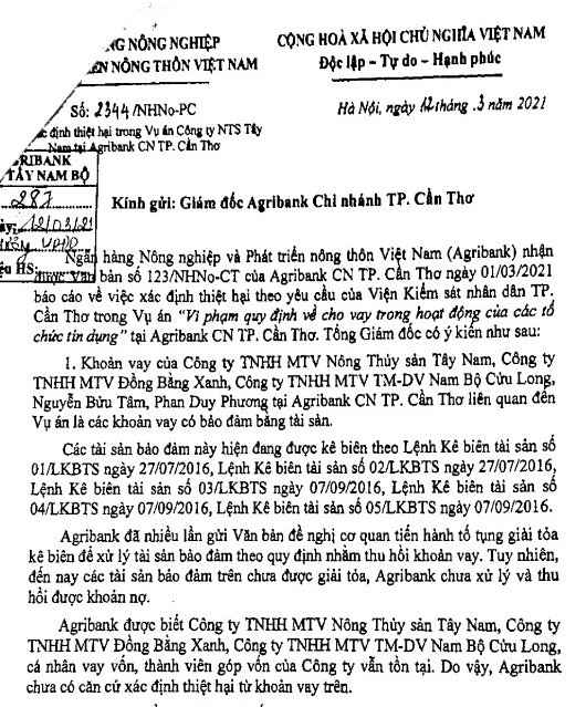 Công văn của Agribank cho biết chưa có căn cứ xác định thiệt hại.