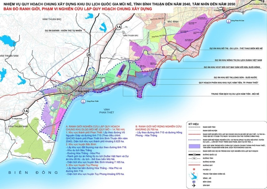 Bản đồ ranh giới, phạm vi nghiên cứu lập quy hoạch chung xây dựng Khu du lịch quốc gia Mũi Né đến năm 2040, tầm nhìn đến năm 2050