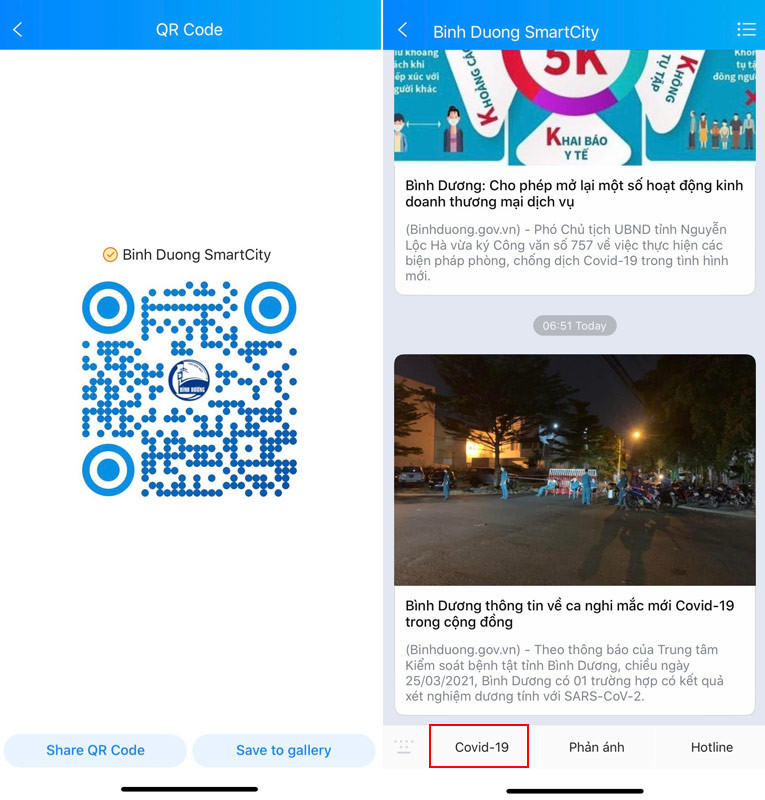 Tính năng “Covid-19” của trang Zalo “Bình Dương SmartCity”