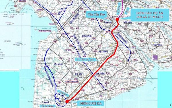 Phương án tuyến cao tốc Cần Thơ-Cà Mau dự kiến.