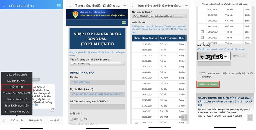 Kê khai hồ sơ đề nghị cấp thẻ CCCD và đặt lịch qua tài khoản Zalo “Công an quận 4”