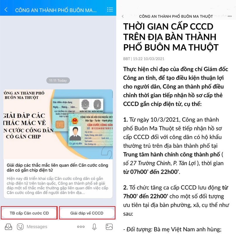 Tính năng liên quan đến cấp CCCD của tài khoản Zalo “Công an thành phố Buôn Ma Thuột”