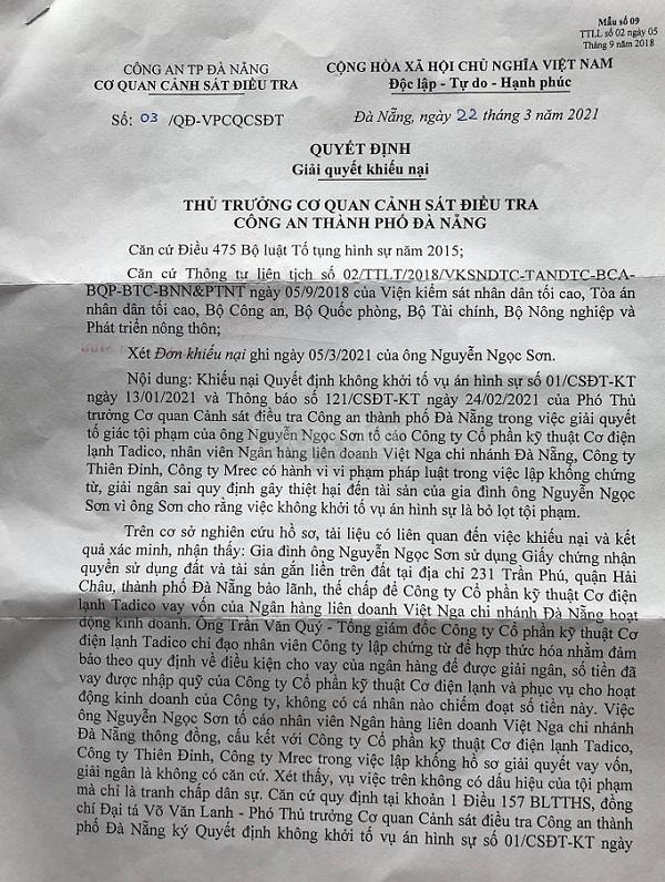 Quyết định giải quyết khiếu nại của Công an TP. Đà Nẵng được cho là chưa thỏa đáng khi 