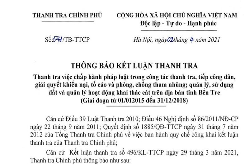 kết luận thanh tra liên quan sai phạm về quản lý, sử dụng đất tại Bến Tre