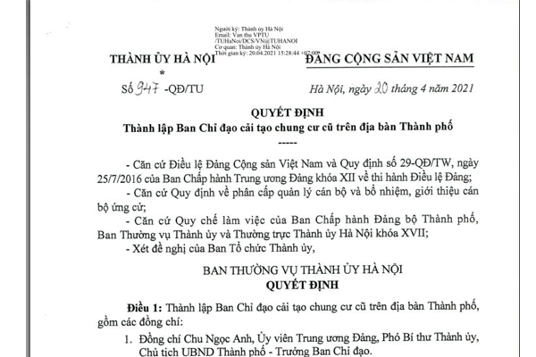 Quyết định thành lập Ban chỉ đạo cải tạo chung cư cũ