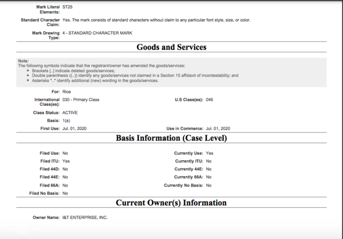 Hồ sơ của I&T Enterprise về nhãn hiệu ST25 theo công bố của USPTO.