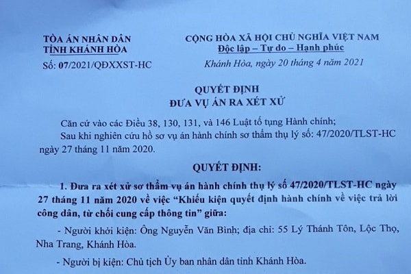 Quyết định đưa vụ án ra xét xử của Tòa án Nhân dân tỉnh Khánh Hòa