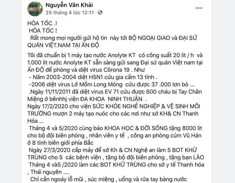 Thông tin được đăng trên Facebook cá nhân của Tiến sĩ Nguyễn Văn Khải.