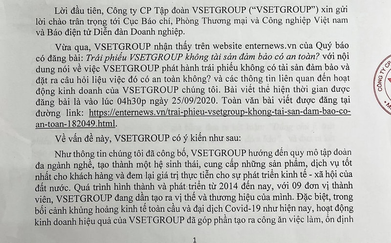 Công văn VSETGROUP gửi Tạp chí Diễn đàn Doanh nghiệp phản hồi về bài viết 