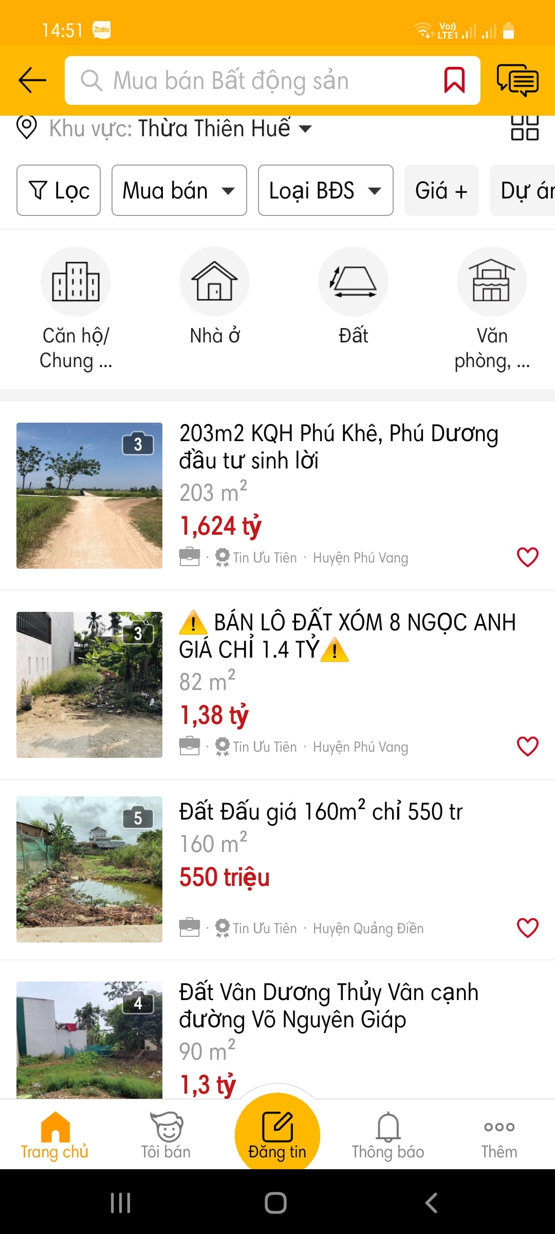 Nhà đất tại Thừa Thiên Huế được rao bán trên trang chotot.com