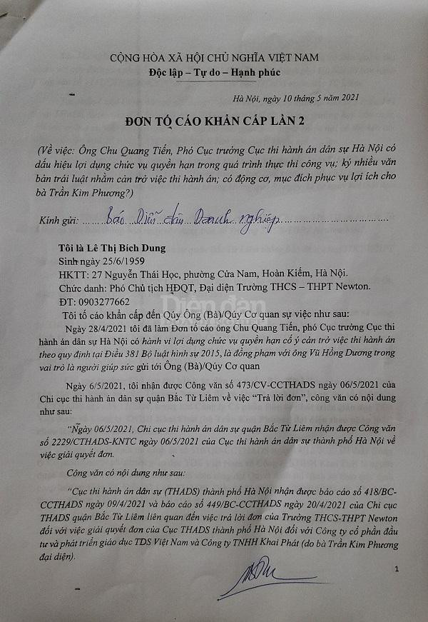 Đơn tố cáo của Phó Chủ tịch HĐQT trường liên cấp Newton gửi cơ quan báo chí - Ảnh: Gia Nguyễn