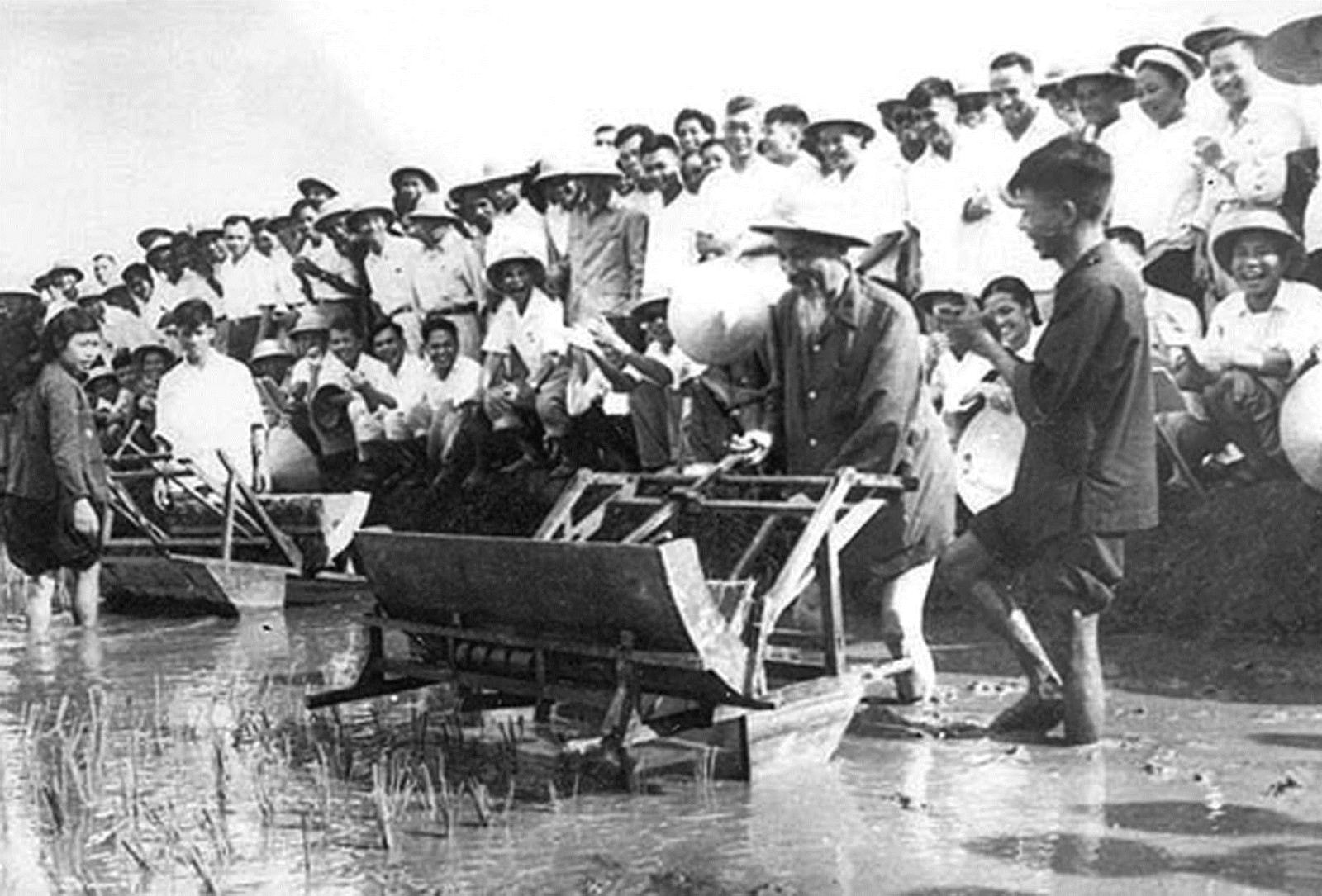 Bác Hồ cùng mọi người ra sức lao động, sản xuất ( Ảnh Tư liệu).