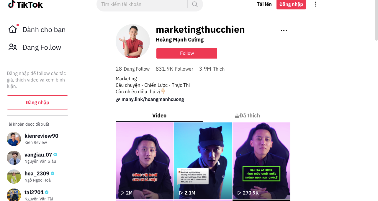 Kênh Tiktok gần 1 triệu lượt theo dõi của CEO Hoàng Mạnh Cường