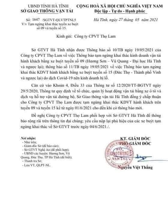 Sở GTVT Hà Tĩnh chấp thuận cho công ty CP vận tải Thọ Lam ngừng khai thác hai tuyến xe buýt