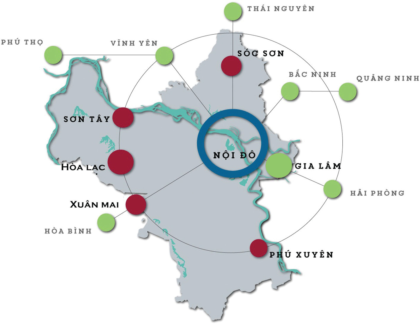 p/Quy hoạch chung Thủ đô Hà Nội đến năm 2030 tầm nhìn năm 2050 xác định phát triển Thủ đô theo mô hình chùm đô thị với 5 đô thị vệ tinh là: Hòa Lạc, Sơn Tây, Xuân Mai, Phú Xuyên, Sóc Sơn. 