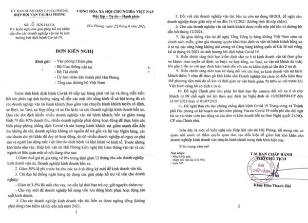 Văn bản của hiệp hội vận tải Hải Phòng kiến nghị các giải pháp hỗ trợ khẩn cấp cho các doanh nghiệp vận tải bị ảnh hưởng bởi dịch COVID-19