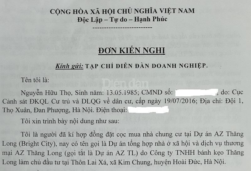 Đơn kiến nghị của ông Nguyễn Hữu Thọ gửi Diễn đàn Doanh nghiệp 