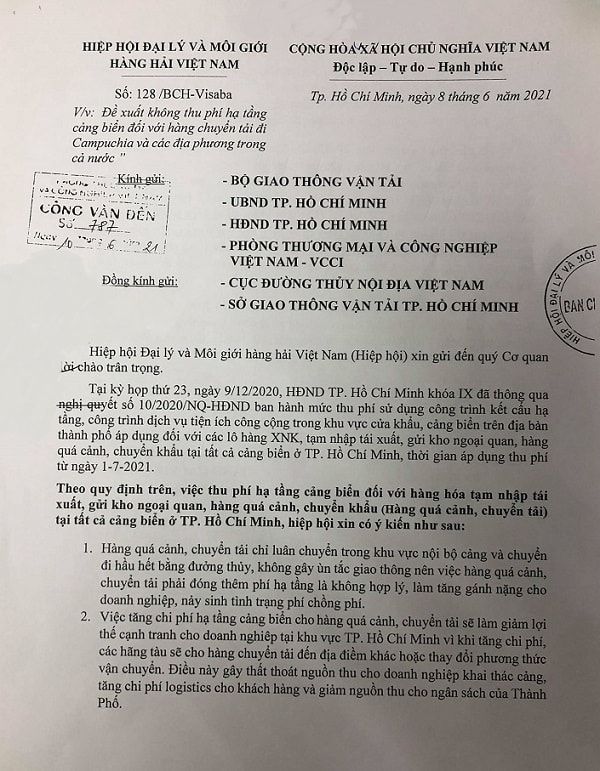 Đơn kiến nghị Hiệp hội Đại lý và Môi giới hàng hải Việt Nam gửi đến các đơn vị đề nghị xem xét