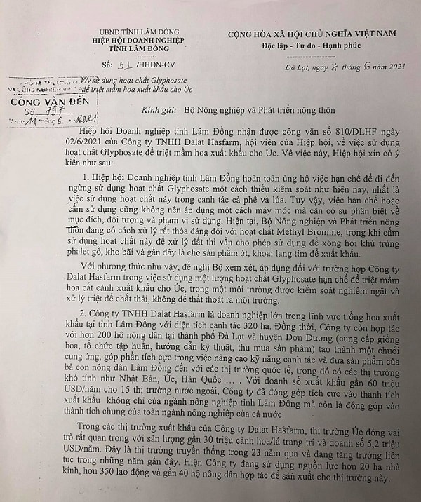 Đơn kiến nghị của Hiệp hội Doanh nghiệp tỉnh Lâm Đồng gửi Bộ Nông nghiệp và Phát triển nông thôi về việc giải quyết những vướng mắc cho doanh nghiệp